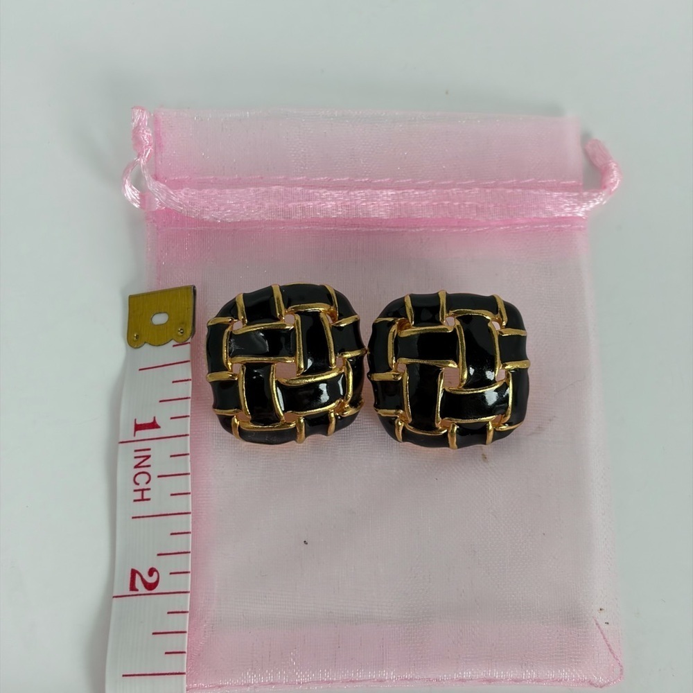 Vintage 80s Gold Tone & Black Enamel Woven Statement Earrings
